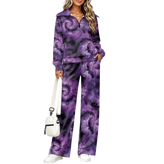 TSOVTHRID Purple Galaxy Tie Dye 2 Piece Outfits for Women Quarter Zip Pullover Wide Leg Pants with Pockets Fall Casual Sweatsuits Travel Loungewear Matching Sets, L