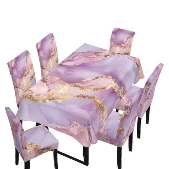 TSOVTHRID Purple Gold Marble Print 7 Pcs Tablecloth Chair Covers Set Removable Washable Table Cover with Stretch Seat Slip Covers for Home Hotel Dining Room Banquet Party Decor