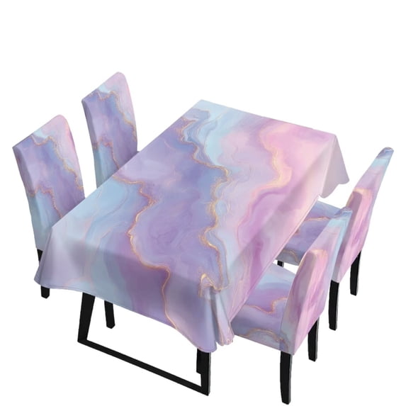 TSOVTHRID Purple Marble Texture Print 5 Pcs Table Cloth with Dining Chair Slipcovers Set Rectangle Tablecloth Stretchable Chair Protector Cover Home Kitchen Dining Room Decoration