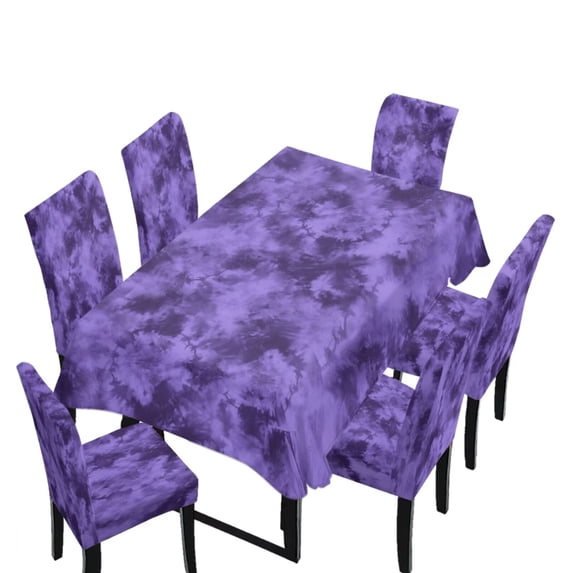 TSOVTHRID Purple Tie Dye Print Table Cover and Chair Slipcovers Set of 7, Removable 55x82 Inch Rectangle Tablecloth with Chair Covers, Water-Resistant Furniture Protectors, Machine Washable