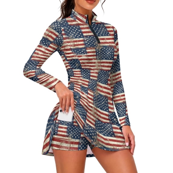TSOVTHRID Quarter Zip Athletic Workout Dresses for Golf, Swimwear Fabric Pockets Collared Romper Dress, American Flag Print, Size X-Large
