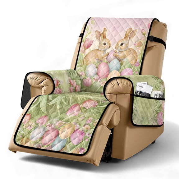 TSOVTHRID Rabbit Easter Egg Floral Print Non Slip Recliner Cover, Fitted Recliner Sofa Slipcover, Washable Furniture Protector Reclining Chair Couch Cover with Elastic Strap for Easter Decor