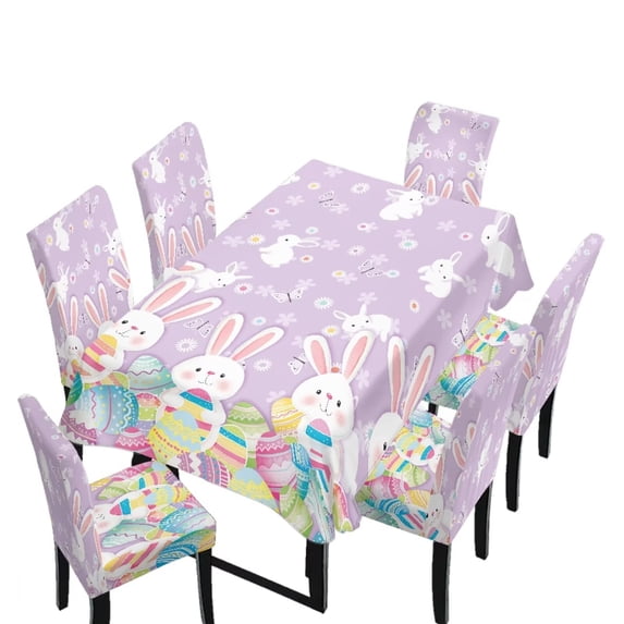 TSOVTHRID Rabbit Easter Eggs Print Tablecloth Set with 6 Chair Covers, Rectangle Tablecloth Floral Butterfly Print Seat Protector Slipcovers for Family Dinners & Holiday Party Easter Decor