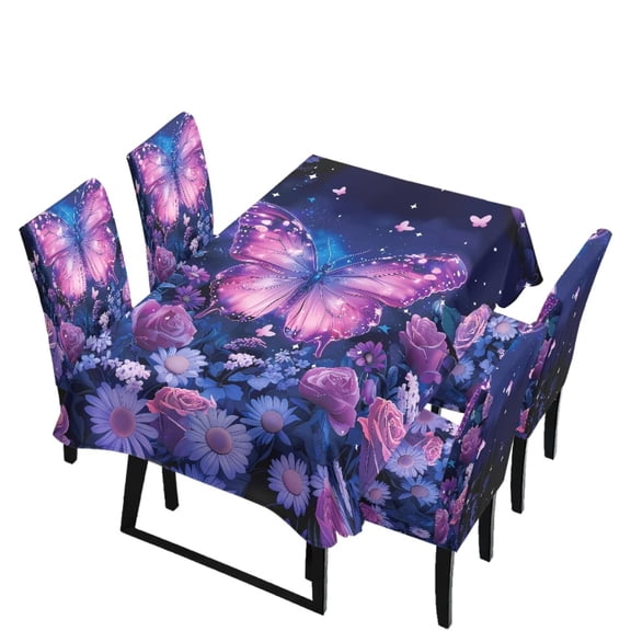 TSOVTHRID Rectangle Table Cloth Dining Chair Cover Washable Table Covers Elastic Seat Slipcover Furniture Protector Decoration, Set of 5, Purple Butterfly Rose Daisy Print