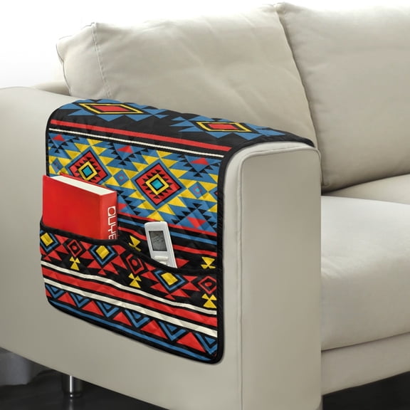 TSOVTHRID Red Aztec Tribal Geometric Print Couch Arm Covers Stain Resistant Sofa Arm Cover with Side Storage Pocket Anti-scratch Arm Rest Covers for Recliner, Chair, Sofa