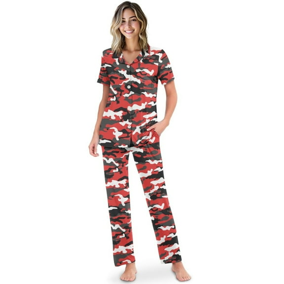 TSOVTHRID Red Camo Print Women's Pajama Sets Notch Collar Sleepwear with Long Pants Soft Short Sleeve Sleepwear Pjs Sets, Size M