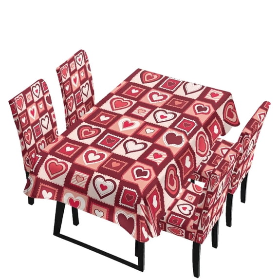 TSOVTHRID Red Heart Plaid Print 5 PCS Tablecloth and Chair Covers Set, Rectangle Table Cover with Stretchable Chair Seat Slipcovers for Home Kitchen, Banquet, Party Valentine's Day Decor
