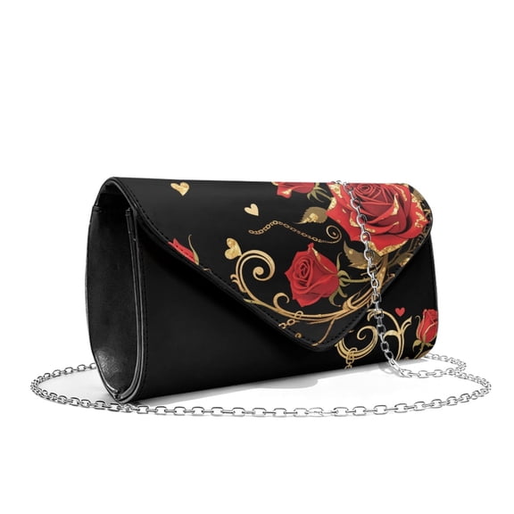 TSOVTHRID Red Rose Heart Print Evening Bag Clutch Purses for Women Formal Clutch Handbags Evening Party Handbag Leather Crossbody Bag for Wedding Cocktail Prom, Black