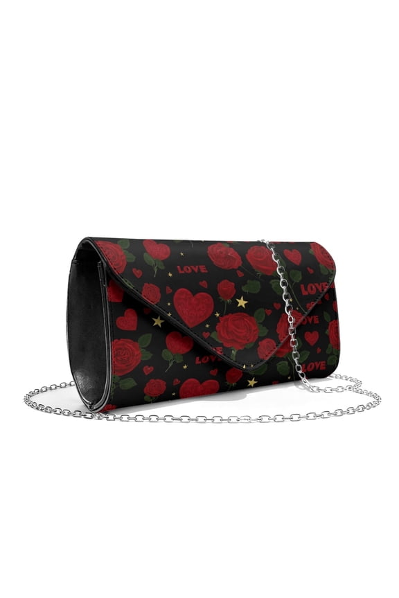 Red Rose Love Heart Print Clutch Purses for Women Ladies Party Handbag Evening Bags with Chain Dressy Leather Shoulder Bag for Formal Wedding Party Cocktail Prom Valentine's Day, Black