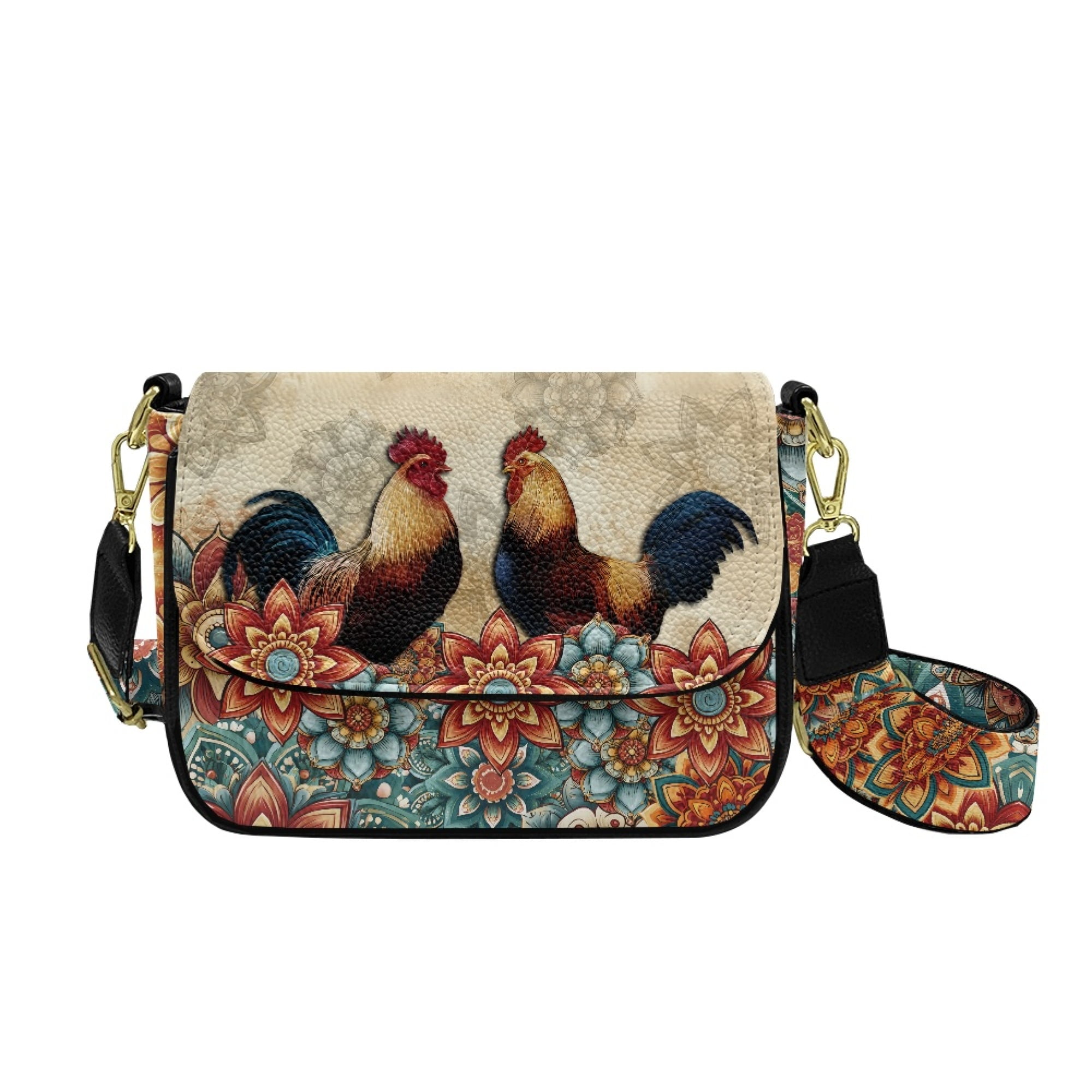 TSOVTHRID Rooster Boho Mandala Floral Print Crossbody Bags for Women, PU Leather Cell Phone Purse, Cross Body Handbags Shoulder Bag with Adjustable Strap