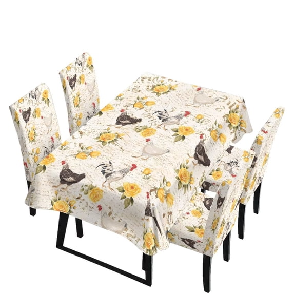TSOVTHRID Rooster Chicken Rose Print Table Cloth with Dining Chair Slipcovers Set Rectangle Tablecloth Stretchable Anti-Dust Chair Protector Cover Kitchen Decor, 5 Pcs