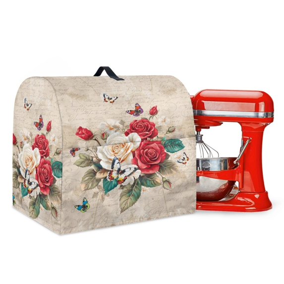 TSOVTHRID Rose Butterfly Pattern Stand Mixer Covers Kitchen Aid Mixer Cover for 6-8 Quart Stand Mixer Letter Vintage Print Dust Cover for Kitchen Aid Accessories and Attachments,L