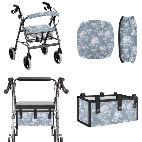 TSOVTHRID Rose Flower Pattern 3 Piece Set Walker Accessories, Non Slip Rollator Seat Covers with Large Capacity Under Seat Storage Bag Universal Fit