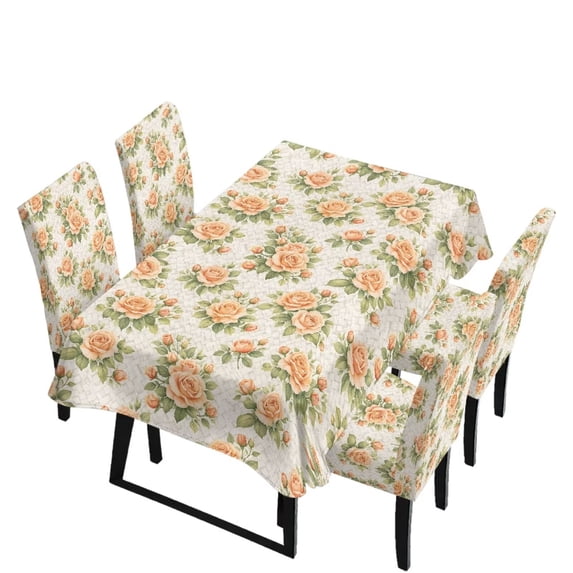 TSOVTHRID Rose Flower Print Chair Covers Set of 4 and Table Cloth, Stretch Chair Slipcovers Table Cloth Decor, Washable Removable Chair Protector Chair Covers for Dining Room