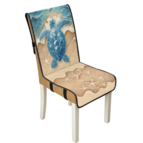 TSOVTHRID Sea Turtle Beach Starfish Print Quilted Dining Chair Covers Upholstered Adjustable Armless Chair Slipcovers with Elastic Band Universal Seat Cushion Covers, Set of 1