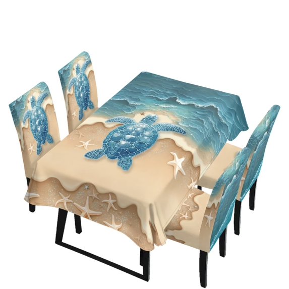 TSOVTHRID Sea Turtle Beach Starfish Print Table Cover and Chair Slipcovers Set of 5, Removable 55x82 Inch Rectangle Tablecloth with Chair Covers, Water-Resistant Furniture Protectors