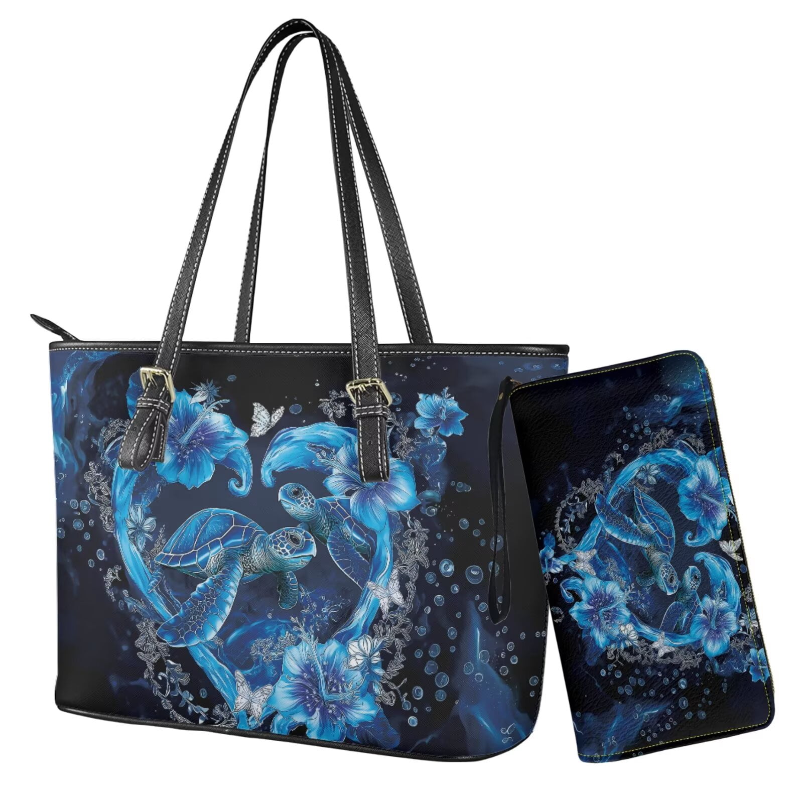 TSOVTHRID Sea Turtle Hibiscus Floral Print Tote Bags for Women Black Top Handle Satchel Purses Set PU Leather Women's Tote Shoulder Bag with Matching Wristlet Wallet