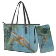 thumbnail image 1 of TSOVTHRID Sea Turtle Palm Leaf Handbag and Wallet Set Womens Tote Bag Blue Top Handle Handbag with Matching Leather Wallet Wood Grain Print Large Capacity Shoulder Satchel Clutch Purse, 1 of 7