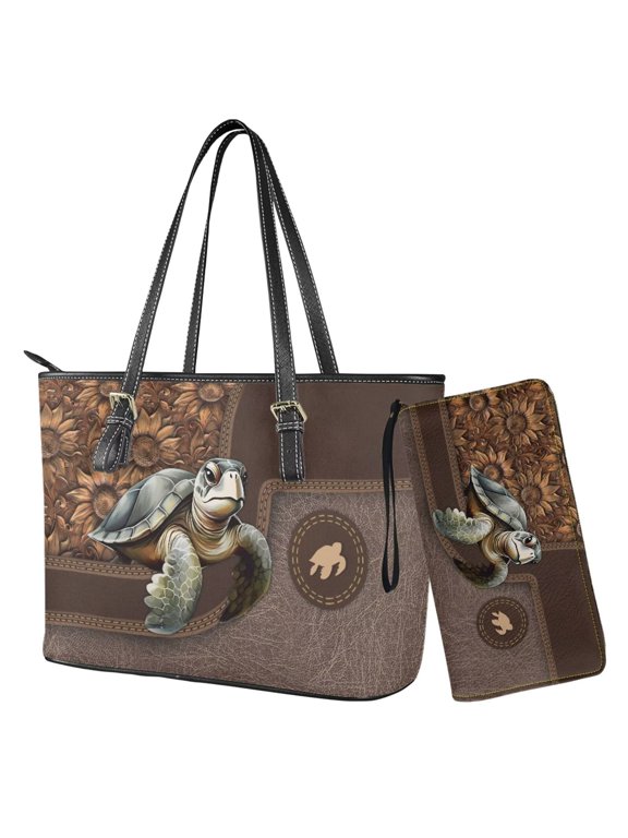 Sea Turtle Sunflower Print Tote Bag for Women Handbag and Wallet Set Large Capacity Top Handle Shoulder Purse Handbags with Matching Leather Wallet, Brown