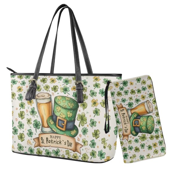 TSOVTHRID Shamrock Green Hat Beer Print Tote Bag Handbag and Wallet Set 2 PCS Women's Top Handle Shoulder Purse Handbags with Matching Wallet Clutch for Women St. Patrick's Day