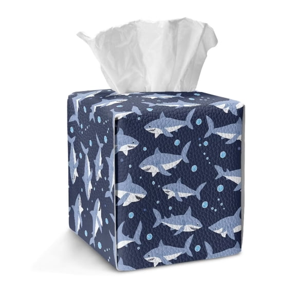TSOVTHRID Shark Pattern Tissue Box Cover Holder, Easy to Clean Disposable Square Tissue Box Cover PU Leather Tissue Holder Container for Home Office Car Decor