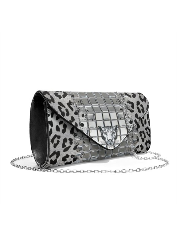 Silvery Leopard Print Clutch Purses for Women Formal Clutch Handbags with Chain Strap Elegant Evening Bag for Wedding Party Cocktail Prom
