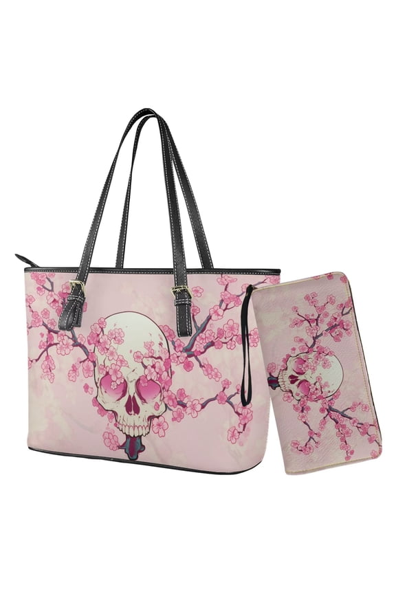 Skull Cherry Blossom Print Handbag and Wallet Set Womens Top Handle Handbag Satchel with Matching Wristlet Wallet Waterproof Leather Pink Tote Bag Shoulder Bag