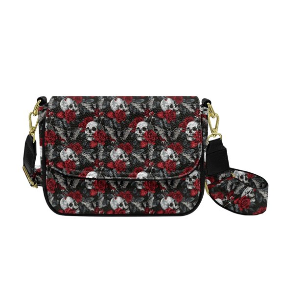 TSOVTHRID Skull Red Rose Bat Print Women's Crossbody Bag, Halloween Small Crossbody Purse, PU Leather Purses, Handbags Shoulder Bag with Magnetic Buckle