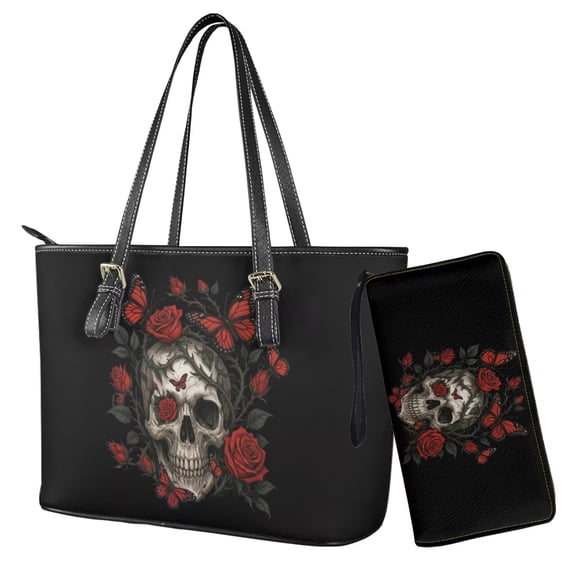 TSOVTHRID Skull Rose Butterfly Print Handbag and Wallet Set Womens Tote Bag Top Handle Handbag with Matching Leather Wallet Large Capacity Shoulder Satchel Clutch Purse, Black