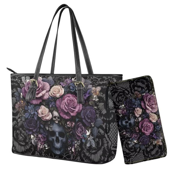 TSOVTHRID Skull Rose Flower Print Handbag with Wallet Set Black Tote Satchel Shoulder Purse with Matching Wristlet Wallet PU Leather Top Handle Handbag with Coin Purses