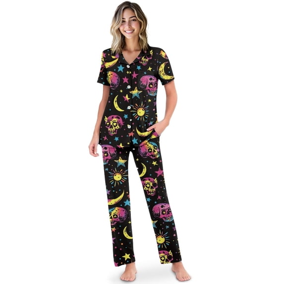 TSOVTHRID Skull Sun Moon Star Print Women's Pajama Sets Short Sleeve Pjs with Long Pants Soft Sleepwear Sets Button Down Womens Lounge Set, Size L