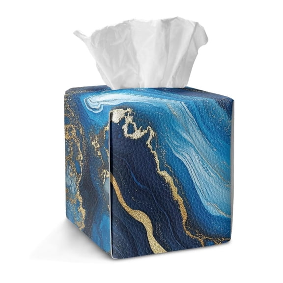 TSOVTHRID Square Tissue Box Cover, Elegant Tissue Box Holder PU Leather Facial Paper Organizer Home Decoration for Bathroom Vanity Countertop Car, Blue Golden Marble Print