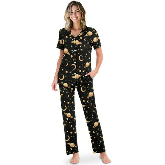 TSOVTHRID Star Moon Saturn Glitter Print Women's Pajama Sets Notch Collar Sleepwear with Long Pants Soft Sleepwear Pjs Sets, Size M