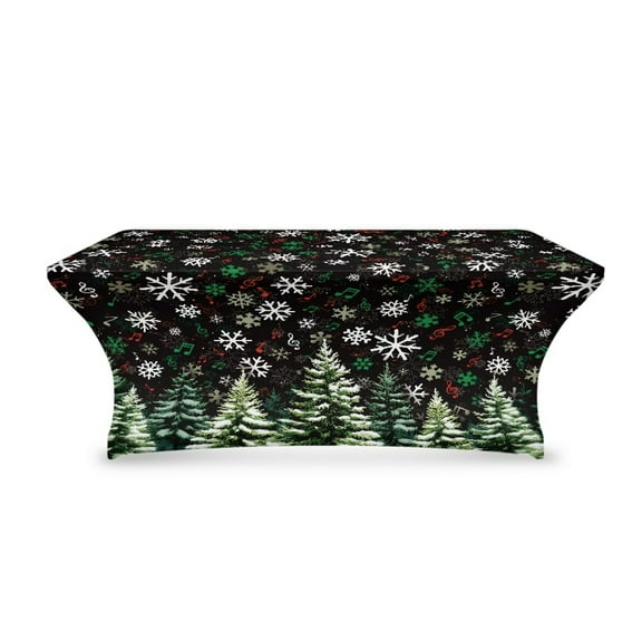 TSOVTHRID Stretch Polyester Table Cloth for 6ft Rectangular Tables Tablecloth Protector Fitted Wrinkle Resistant Table Cover for Party, Birthday Christmas Decor, Christmas Tree Snowflake Black Print