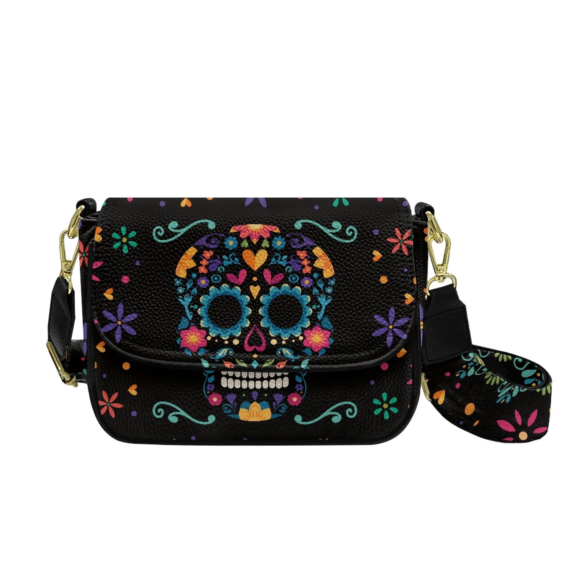 TSOVTHRID Sugar Skull Floral Print Crossbody Purses for Women Trendy, Crossbody Bags, Cell Phone Camera Leather Shoulder Handbags with Magnetic Buckle