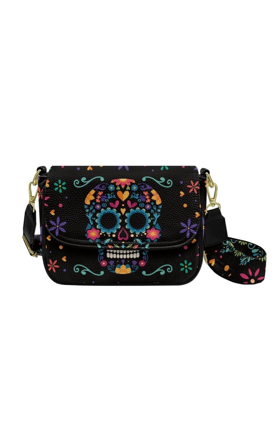Sugar Skull Floral Print Crossbody Purses for Women Trendy, Crossbody Bags, Cell Phone Camera Leather Shoulder Handbags with Magnetic Buckle