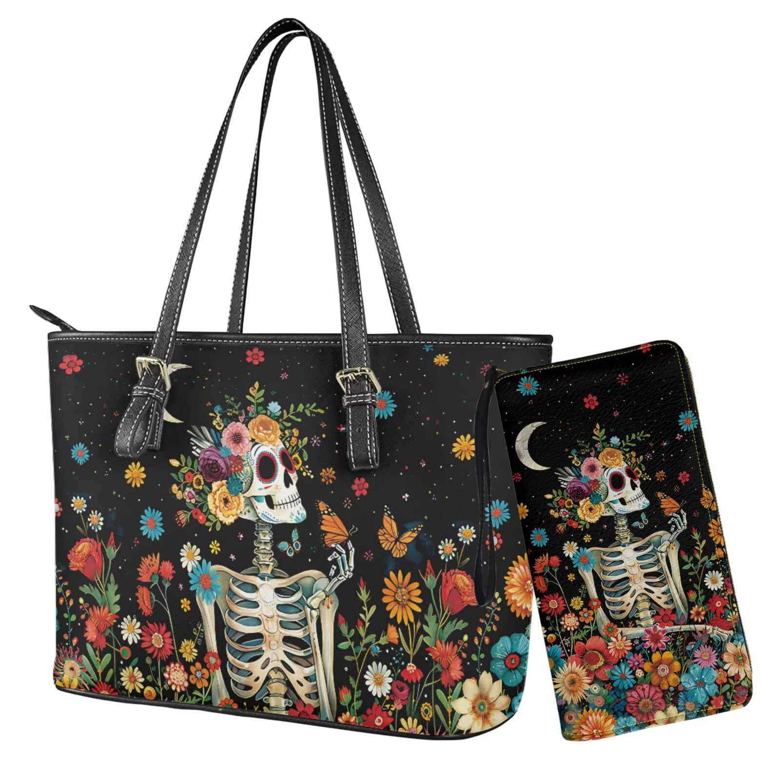 TSOVTHRID Sugar Skull Floral Print Purses for Women Waterproof Handbag with Matching Wallet Set Leather Shoulder Bag Tote Satchel with Purse for Ladies Shopping