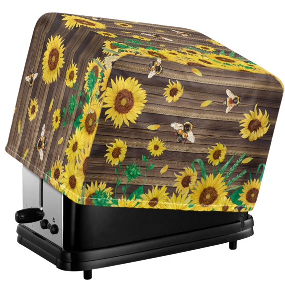 TSOVTHRID Sunflower Bee Wood Print 4 Slice Toaster Cover with Drawstring Heat-Resistant Microwave Dust Covers Kitchen Small Appliance Protector, Modern Kitchen Decor