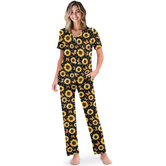 TSOVTHRID Sunflower Butterfly Print Pajama Set for Women Soft Two-Piece Nightwear Short Sleeve Pjs with Long Pants , Size XL