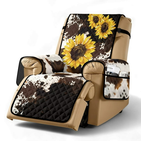 TSOVTHRID Sunflower Cow Pattern Recliner Cover Non-Slip Recliner Comfy Sofa Slipcover Recliner Cover 1 Seat Couch Protector Soft Furniture Protector Covers with Pocket