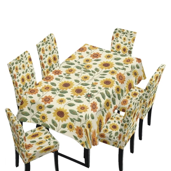 TSOVTHRID Sunflower Embroidery Print 7 Pieces Tablecloth and Dining Chair Slipcovers Removable Table Cloth Dustproof Chair Cover Furniture Protector for Kitchen Decor