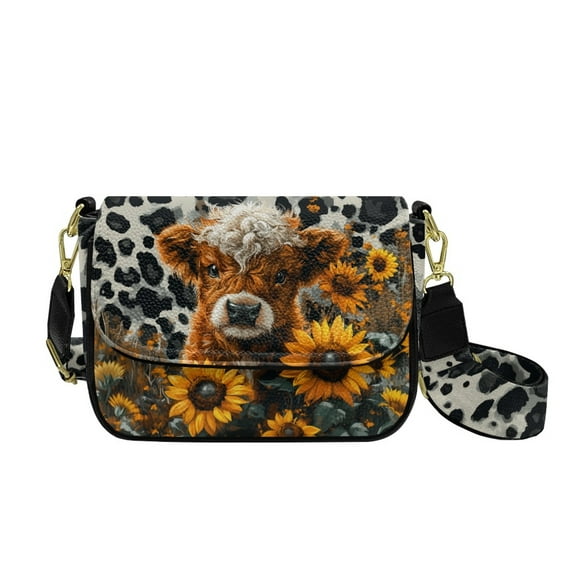 TSOVTHRID Sunflower Highland Cattle Leopard Print Crossbody Bags for Women, PU Leather Cross Body Purses, Trendy Handbags Shoulder Bag with Adjustable Strap