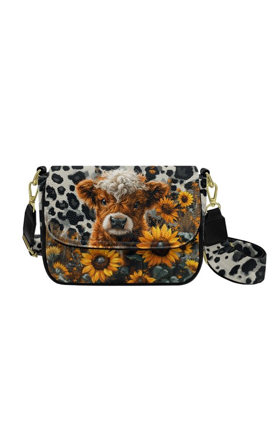 Sunflower Highland Cattle Leopard Print Crossbody Bags for Women, PU Leather Cross Body Purses, Trendy Handbags Shoulder Bag with Adjustable Strap