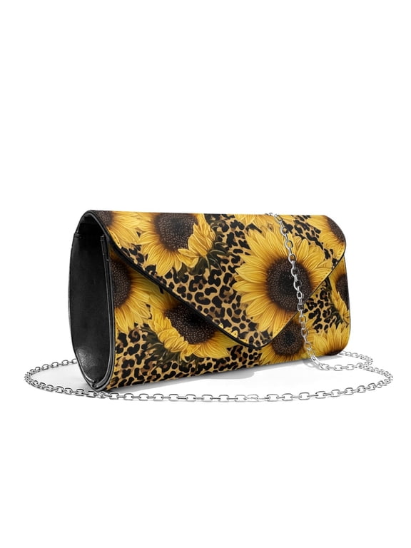 Sunflower Leopard Print Womens Clutch Purses Ladies Evening Handbags with Chain Strap Elegant Wedding Bag Gifts for Women Cocktail Prom Party
