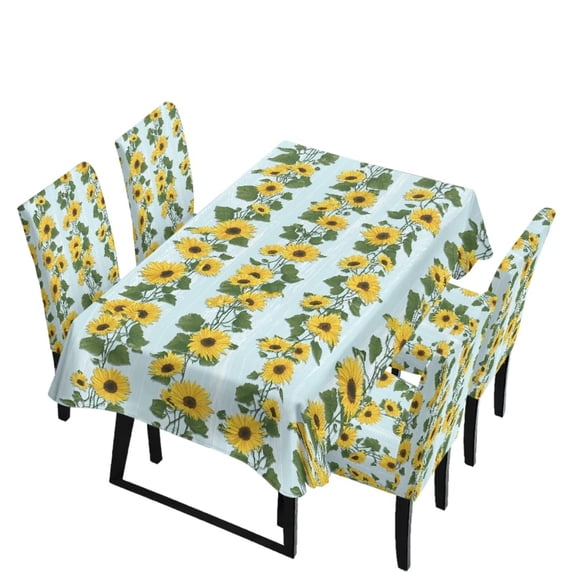 TSOVTHRID Sunflower Stripe Print 5 Pcs Tablecloth and Chair Covers Set, Stretchable Washable Spandex Table Cover with Elastic Dining Chair Slipcovers for Home Banquet Party