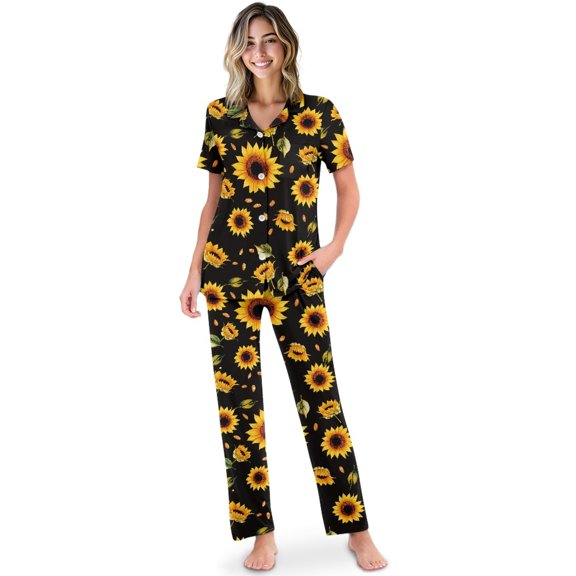 TSOVTHRID Sunflower Sunflower Seed Print Women's Pajama Sets Button Down Pajama with Long Pants Soft Two-Piece Loungewear Pj Sets, Size M