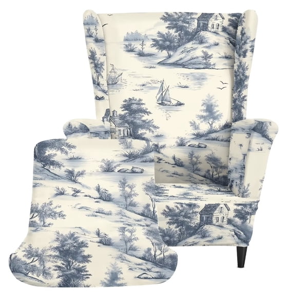 TSOVTHRID Toile De Jouy Sailing Boat House Tree Pattern Wingback Chair Cover, Non-Slip Wingback Comfy Sofa Slipcover Wingback Cover 1 Seat Couch Protector Soft Furniture Protector Covers