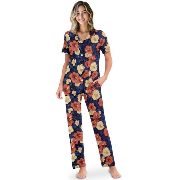 TSOVTHRID Tropical Hibiscus Print Pajama Set for Women Notch Collar Nightwear Soft Short Sleeve Loungewear with Long Pants Pjs Sets, Size S