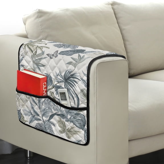 TSOVTHRID Tropical Palm Tree Butterfly Print Sofa Arm Cover Non-Slip Diamond Pattern Armchair Slipcovers 44x20 inch Furniture Covers Stain Resistant Couch Arm Protector with 2 Pockets