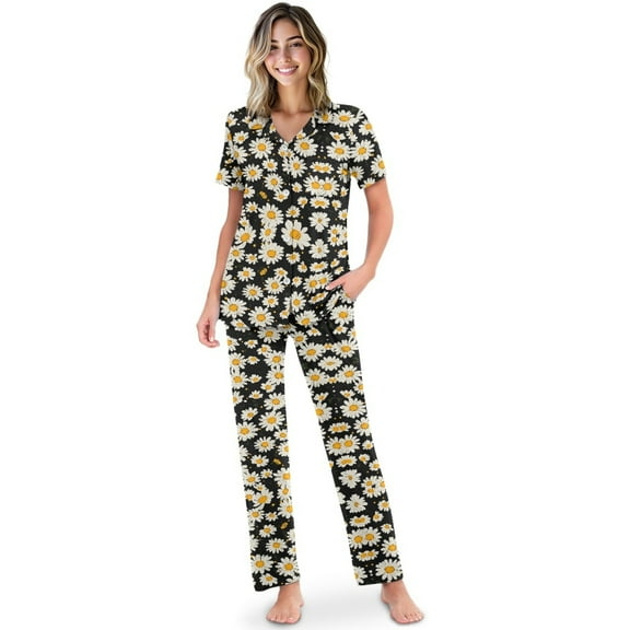 TSOVTHRID Tropical Pineapple Leaves Flower Print Pajama Set for Women Soft Pjs with Long Pants Button Down Sleepwear Soft Short Sleeve Nightwear Sets, L
